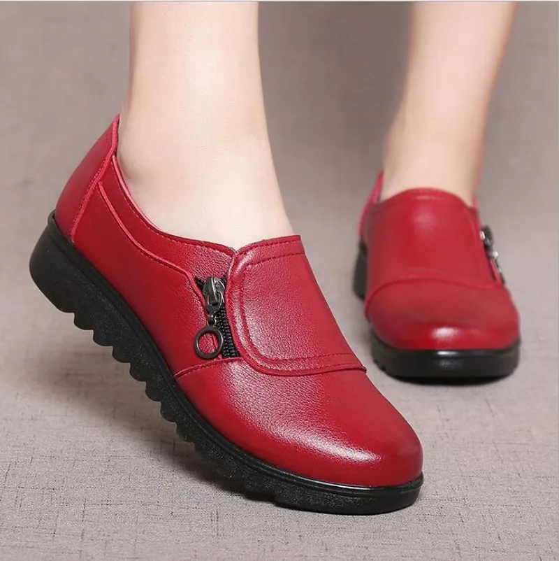 

2019 Fashion Soft Leather Round Head Women Casual Flats Ladies Side Zipper Flat Oxford Shoes New Mother Single Shoes Woman Flats