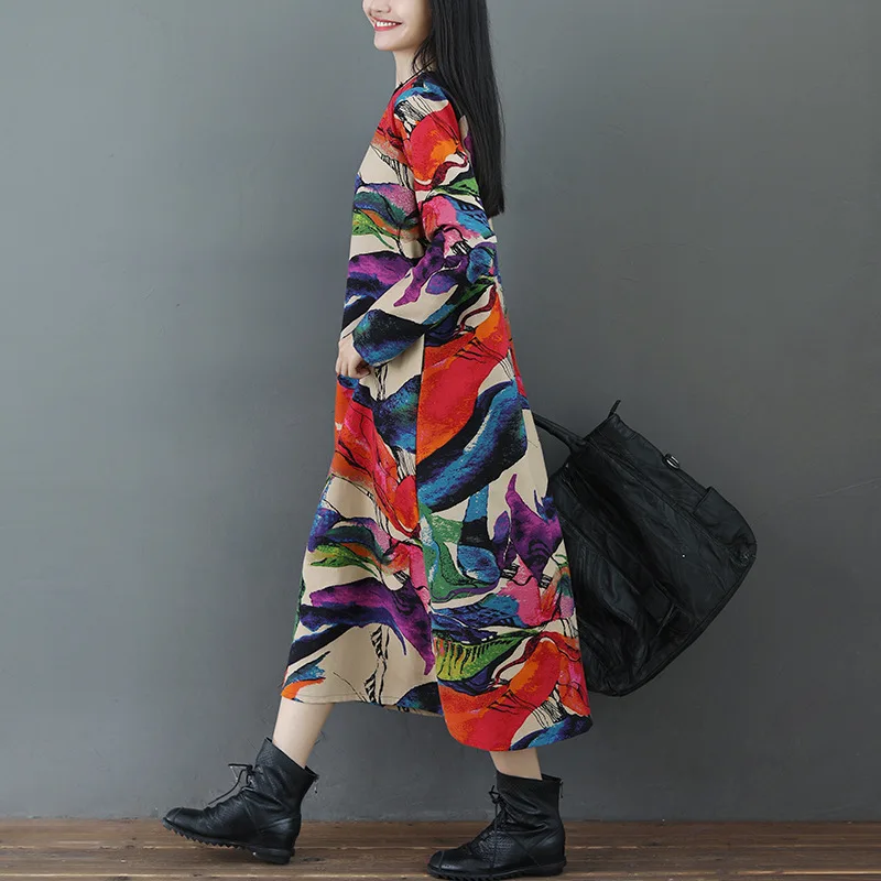 

2019 Autumn Clothing New Style Ethnic-Style Printed Big Hemline Long Sleeve Loose And Plus-sized Cotton Linen Dress Flax Long Sk