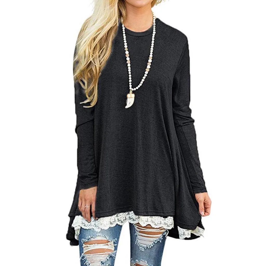 Poleras mujer de moda camiseta mujer Футболка женская кружевная Повседневная Туника с длинным рукавом Топы свободная футболка camisa feminina