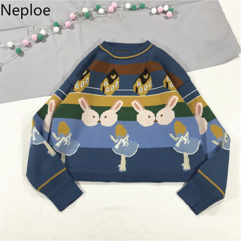 

Neploe Pullover Knit Bottom Sweater Women O Neck Loose Slim Long Sleeve Pull Femme Kawaii Rabbit Autumn Winter Clothes 46386