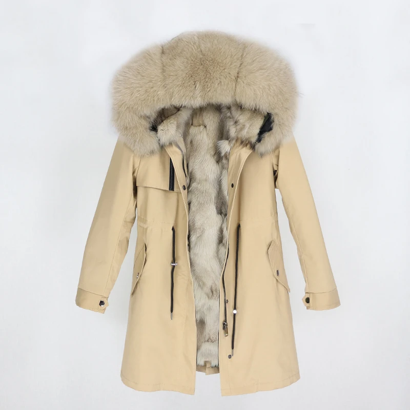 OFTBUY настоящая меховая парка зимняя куртка женская натуральный Лисий меховой капюшон, воротник лиса пальто с подкладкой Толстая теплая верхняя одежда Уличная Повседневная - Цвет: beige beige