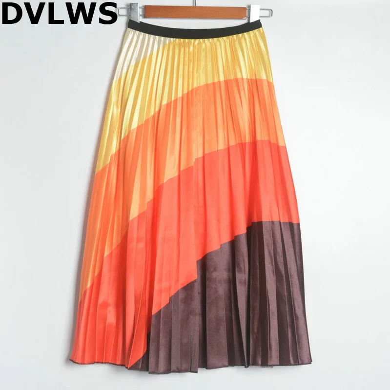 Прямая поставка Радужная контрастная цветная плиссированная юбка осенний стиль контрастный цвет большие плиссированные женские юбки 5 цветов красный - Цвет: Orange Rainbow