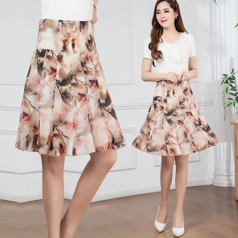

Summer High-waisted Hipster Printed Chiffon Skirt Pleated Skirt A- line Floral Skirt Midi-skirt