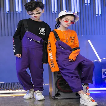 

2019 Hip Hop Jazz Dance Costume Wave Boy Girls Street Dancing Jumpsuit Children Purple Tooling Jumpsuit Kids Clothes 4 8 10 12T