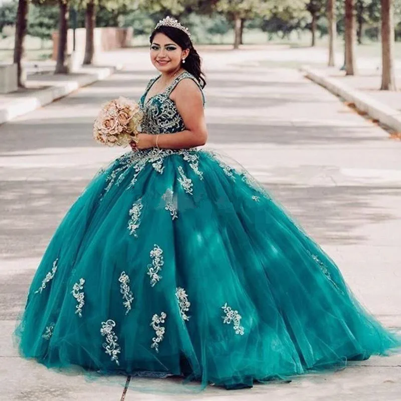 Винтажное зеленое бальное платье для Quinceanera Золотое кружевное с аппликацией из