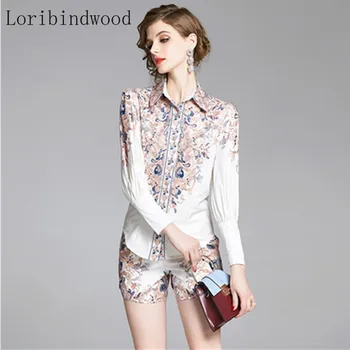

New 2020 Summer Two Piece Set Women Vintage Print Lantern Sleeve Shirt Top And Short Pants Female Fashion Trend Trousers Suit