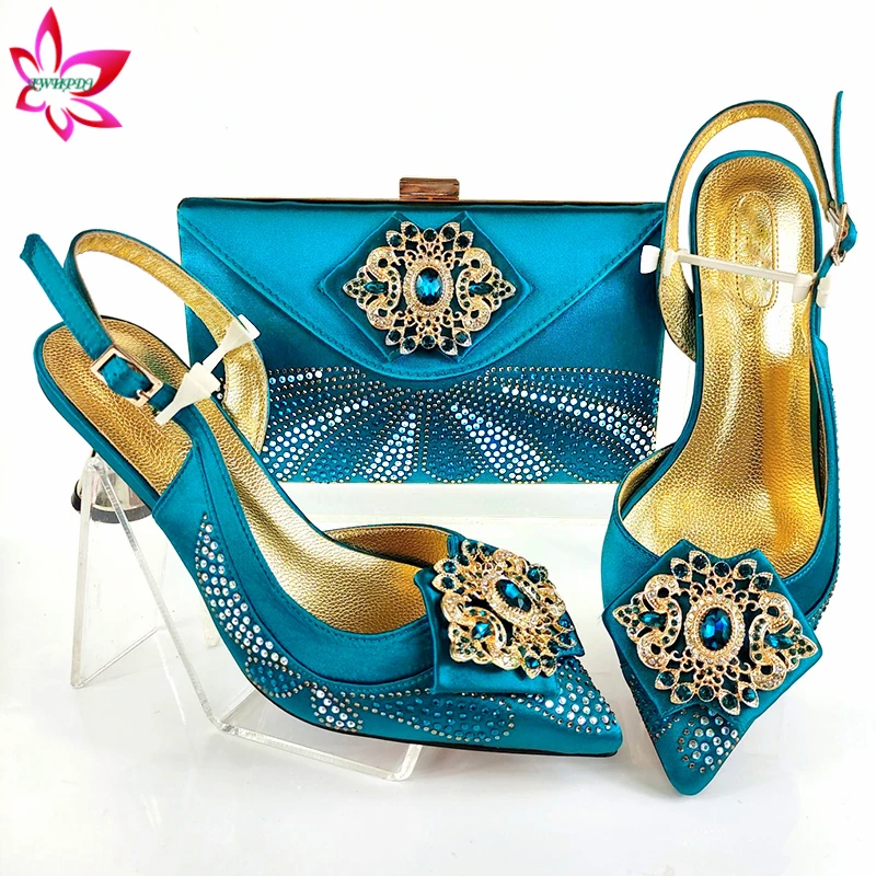 2021 Christamas Party Shoes and Bag Set in Teal Blue Color High Quality Mature Style Sandals for Evening Dress | Обувь