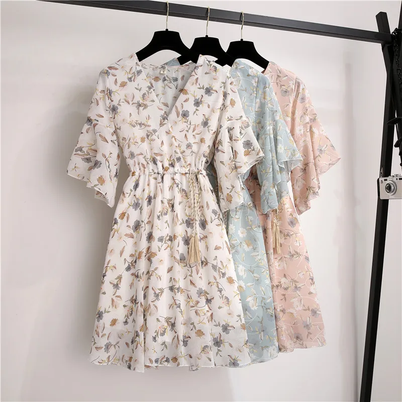 Spring Summer Chiffon Dress Women Knee Length V-Neck Print Dresses Sweet Ruffle Sleeeve Slim New Casual Drawstring Women Dress Spring Summer Chiffon Dress Women Knee Length V-Neck Print Dresses Sweet Ruffle Sleeeve Slim New Casual Drawstring Women Dress