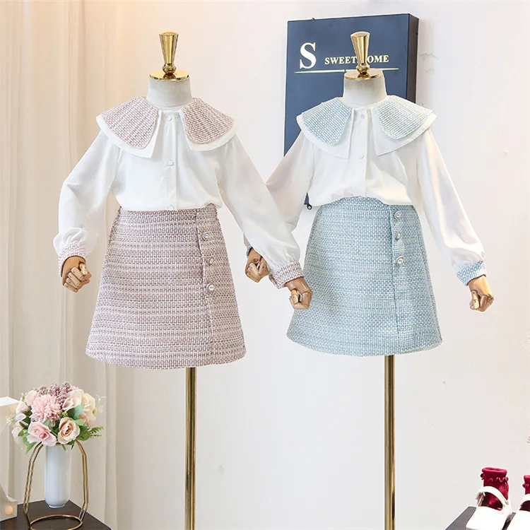 

5400 Embroidery Plaid Princess 2020 New Spring Easter Day Baby Girl Clothing Set T-shirt Tops Jacket + Skirts Wholesale Clothes