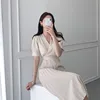 Solid Korean Pleated Dress Women Puff Sleeve V-Neck Bow Lace Up Summer Long Midi Dress Party Elegant Office Lady High Waist B036 ► Photo 3/6