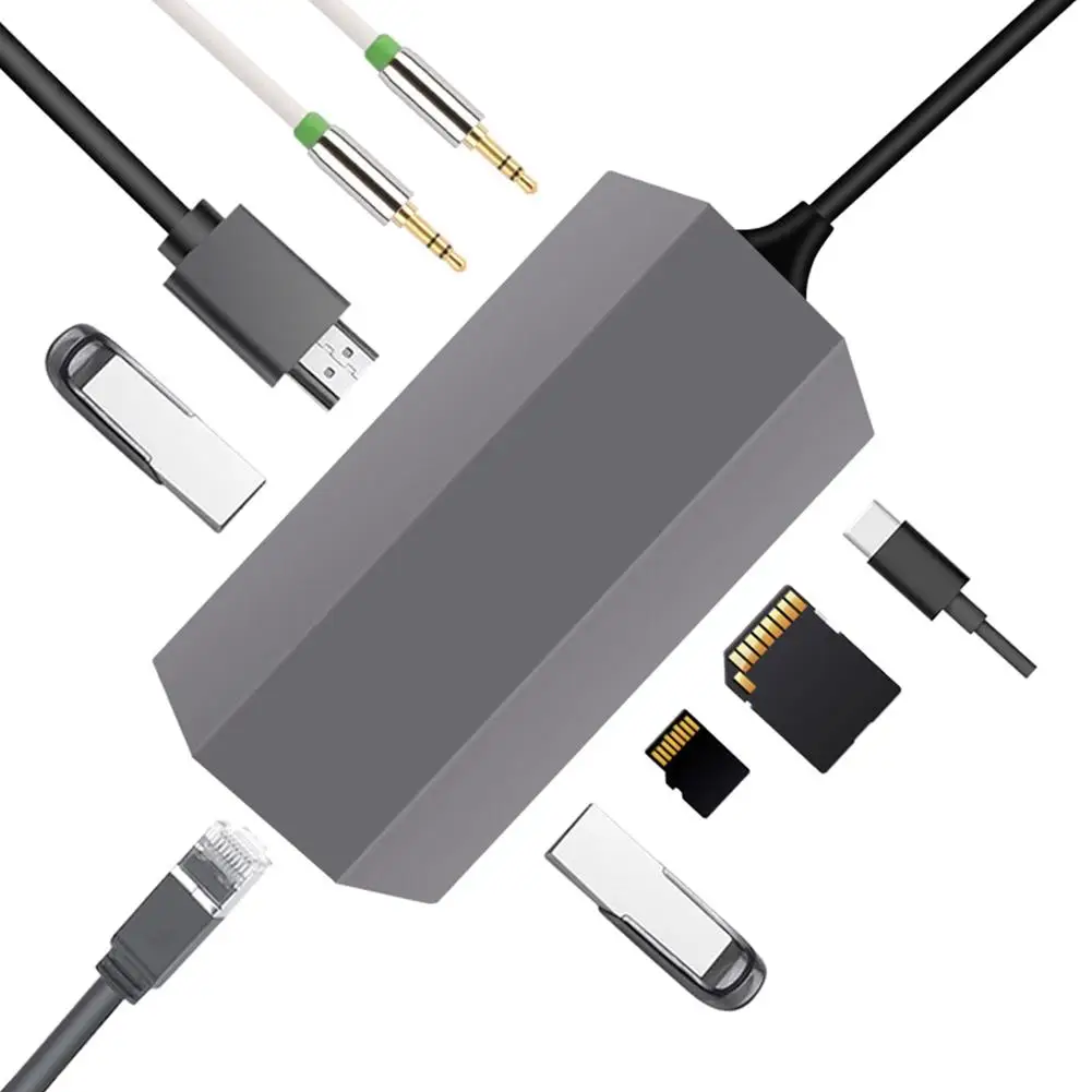 

Hub Adapter 9 In 1 Hub 1000M RJ45 Ethernet 4K HDMI 3.0 PD 2.0 Charging Card Reader