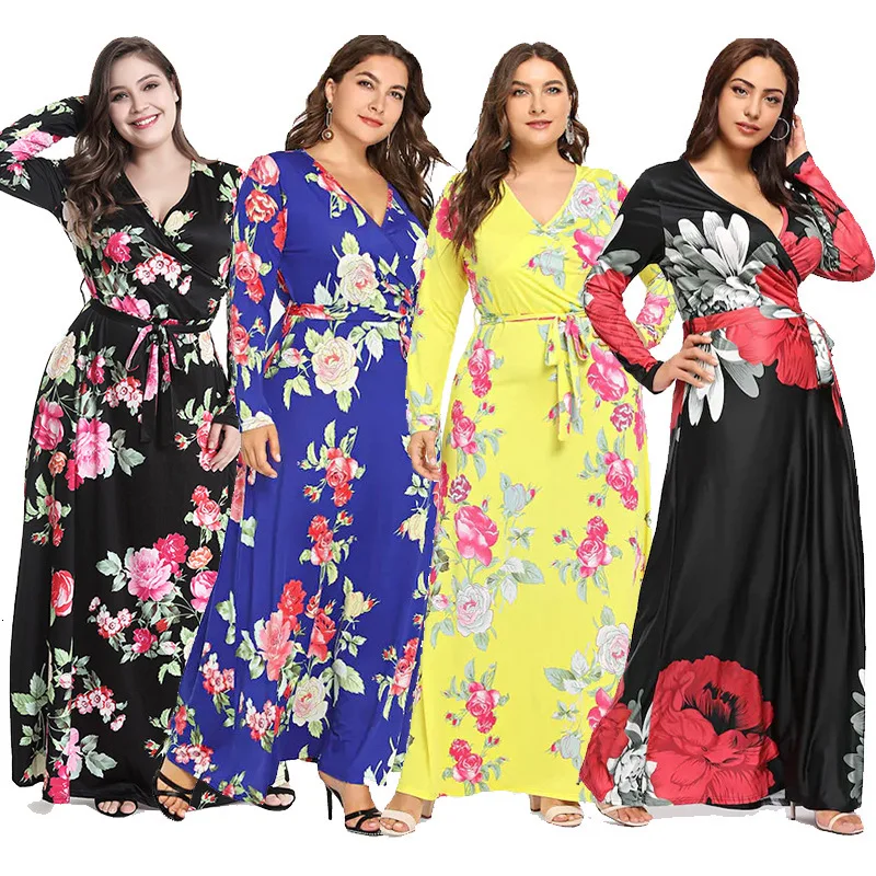 Женское платье макси размера плюс элегантное с v-образным вырезом и длинным