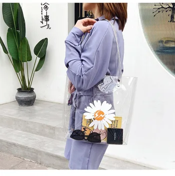 

Fashion Daisy PVC Jelly Clear Tote Women Shoulder Bag Casual Large Capacity Floral Women Bags Designer Transparent Clutch Purses