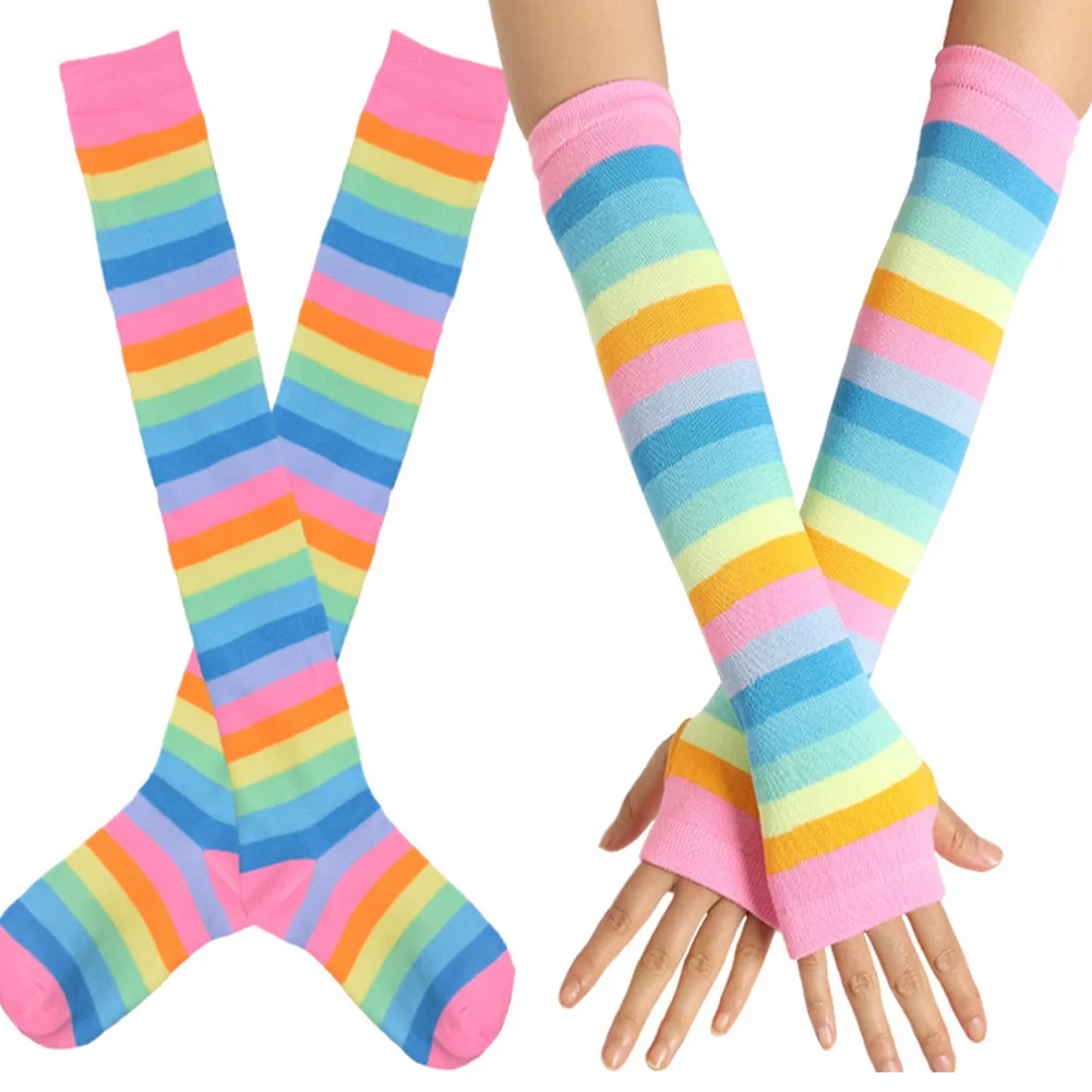 Fashion Slim Striped Women Stockings Set Party Anti Slip Long Gloves Elastic Over Knee Casual Cosplay Cotton Blend Rainbow Soft - Цвет: Pink