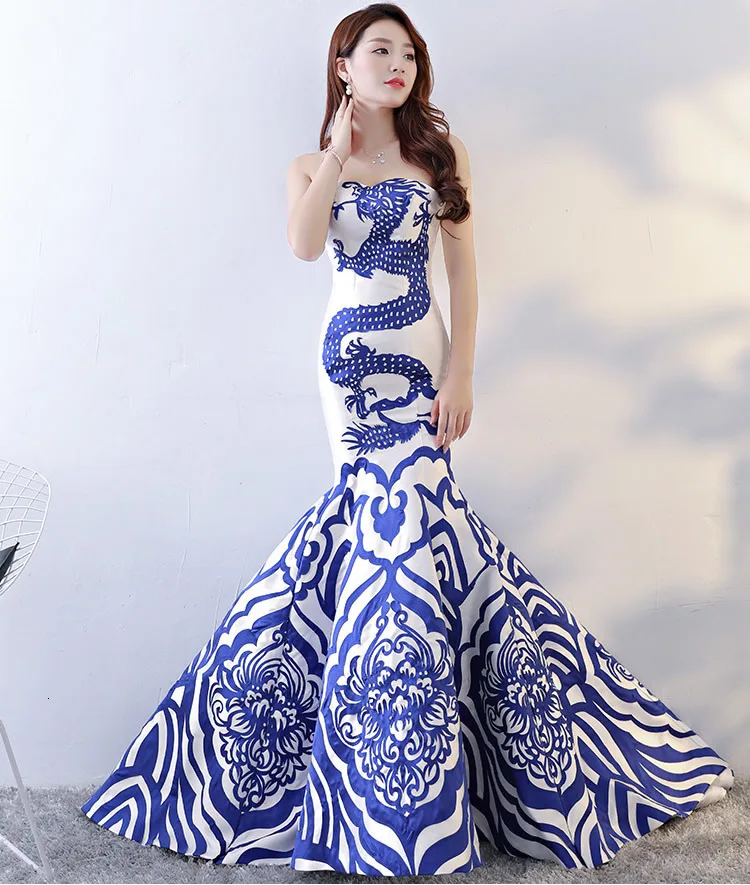Китайское традиционное свадебное платье Cheongsam синего и белого цвета для женщин, вечернее платье без рукавов без бретелек, современное платье Ципао
