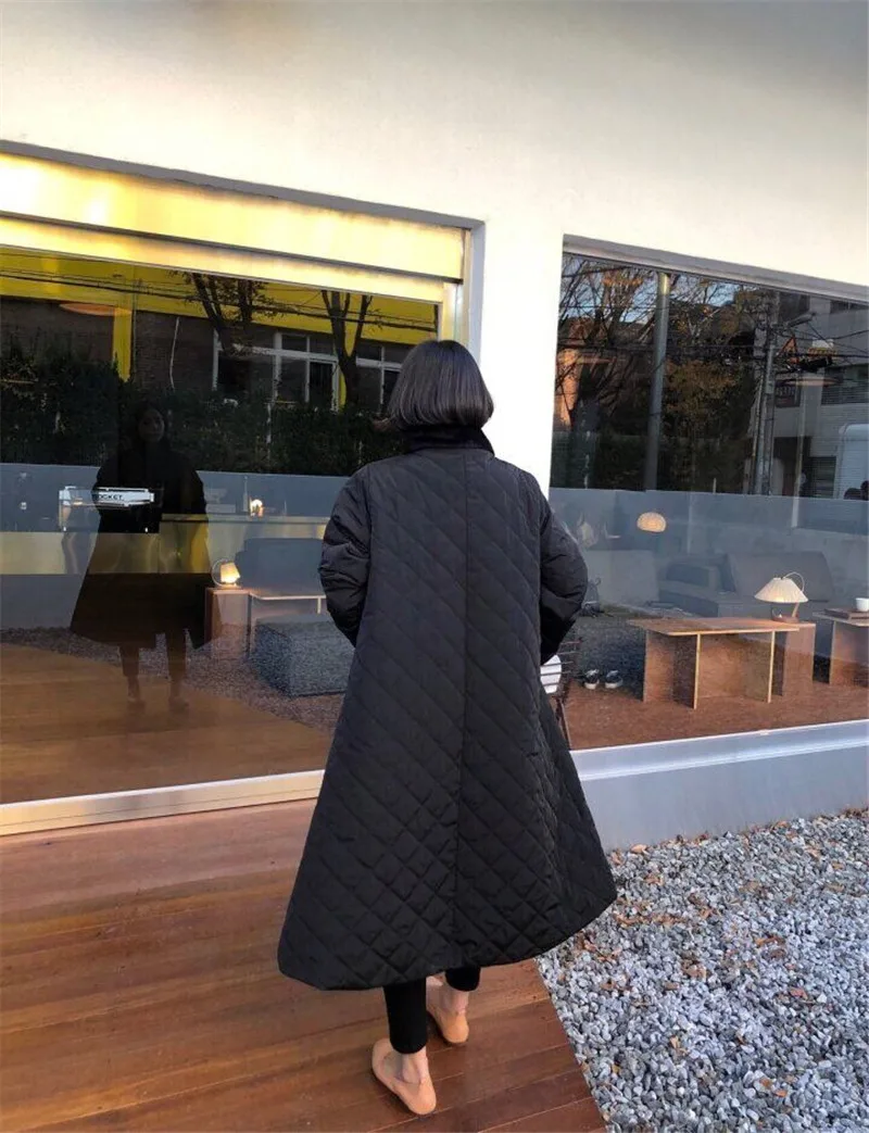 RUGOD New Winter Women Thick Cutton Coat Velvet Turn-down Collar Diamond Block Lattice Warm Long Jacket French Elegant Coat