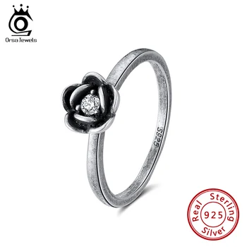 

ORSA JEWELS 925 Sterling Silver Rings Blooming Rose Shape Retro Oxidized Style Minimalist Ring For Women Jewelry SR238