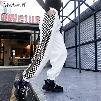 

Mnealways18 Split Women Harem Plaid Pants Zippers High Waist White Pencil Pants For Girls Loose Joggers Casual Streetwear 2019