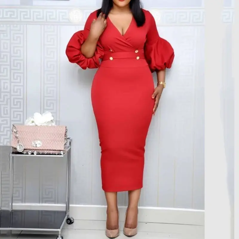 

Sexy Red Lace-Up Three-Quarter Sleeve Bodycon Dress African Women High Waist Tunic Elegant Party Office Vintage Midi Dresses