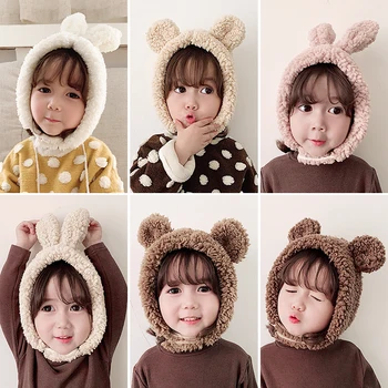 

Girls Lamb Like Baby Cap Solid Color Thickened Warm Cap In Autumn and Winter Children Knitted Cartoon Ear Protector Baby Hats