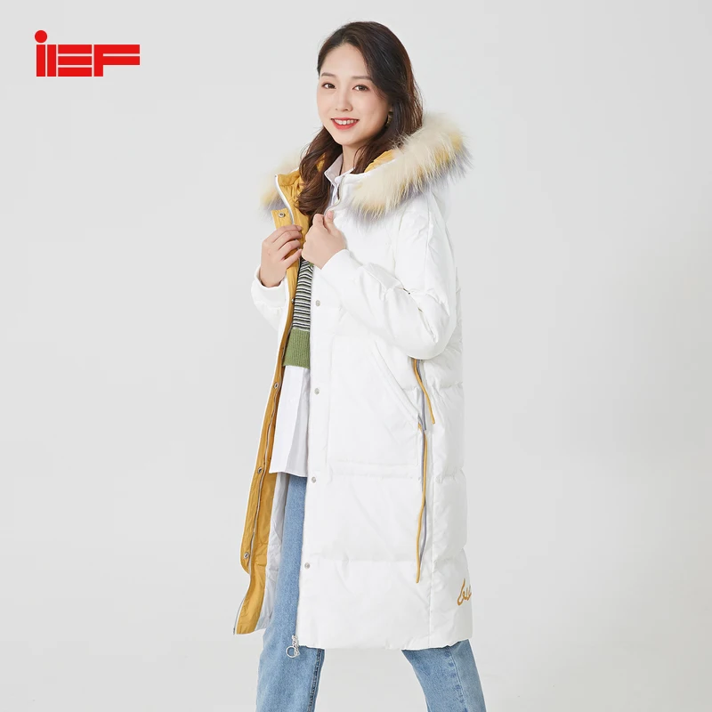 

IEF Winter Fashion Waist Design Hoodies Fur Collar Solid Color Mid-Long Style Down Jacket Women 0601A-D9353-