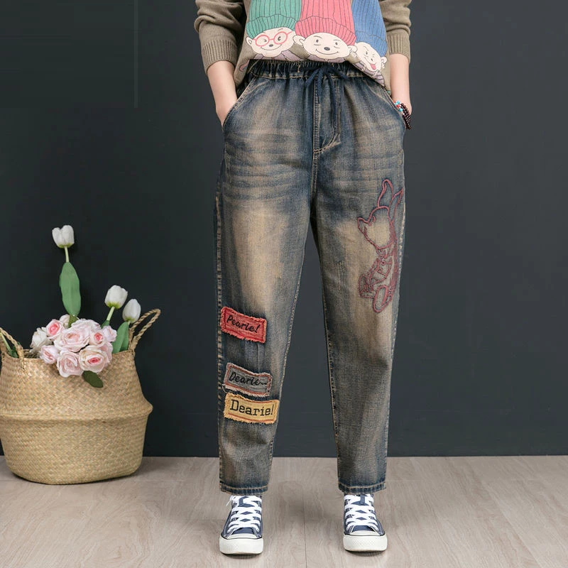 Billige Herbst Neue Kunst Stil Frauen Jeans Plus Größe Vintage Stickerei Patchwork Lose Baumwolle Denim Harem Hosen Hohe Qualität D554