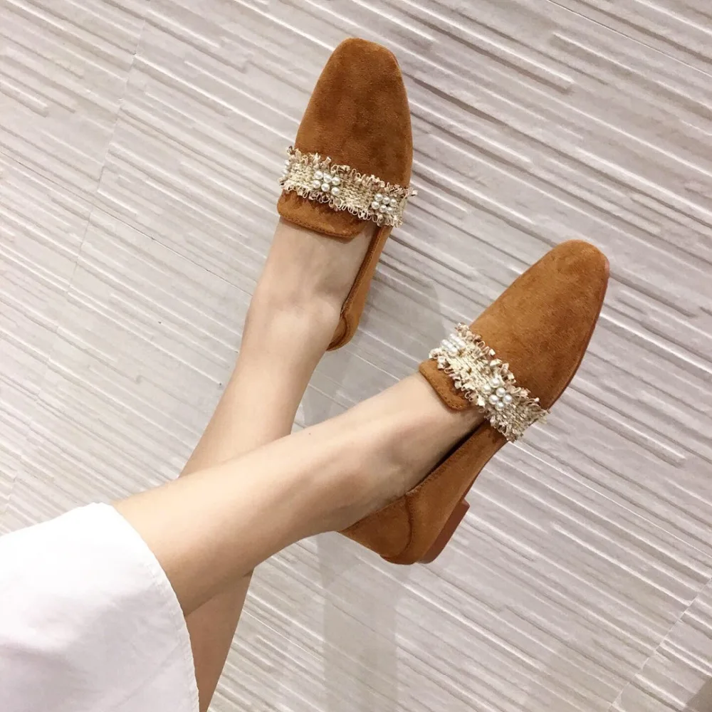 Fringe beading square toe flats slip on casual solid flock brief moccasins comfy brief women shoes leisure femme korean loafers