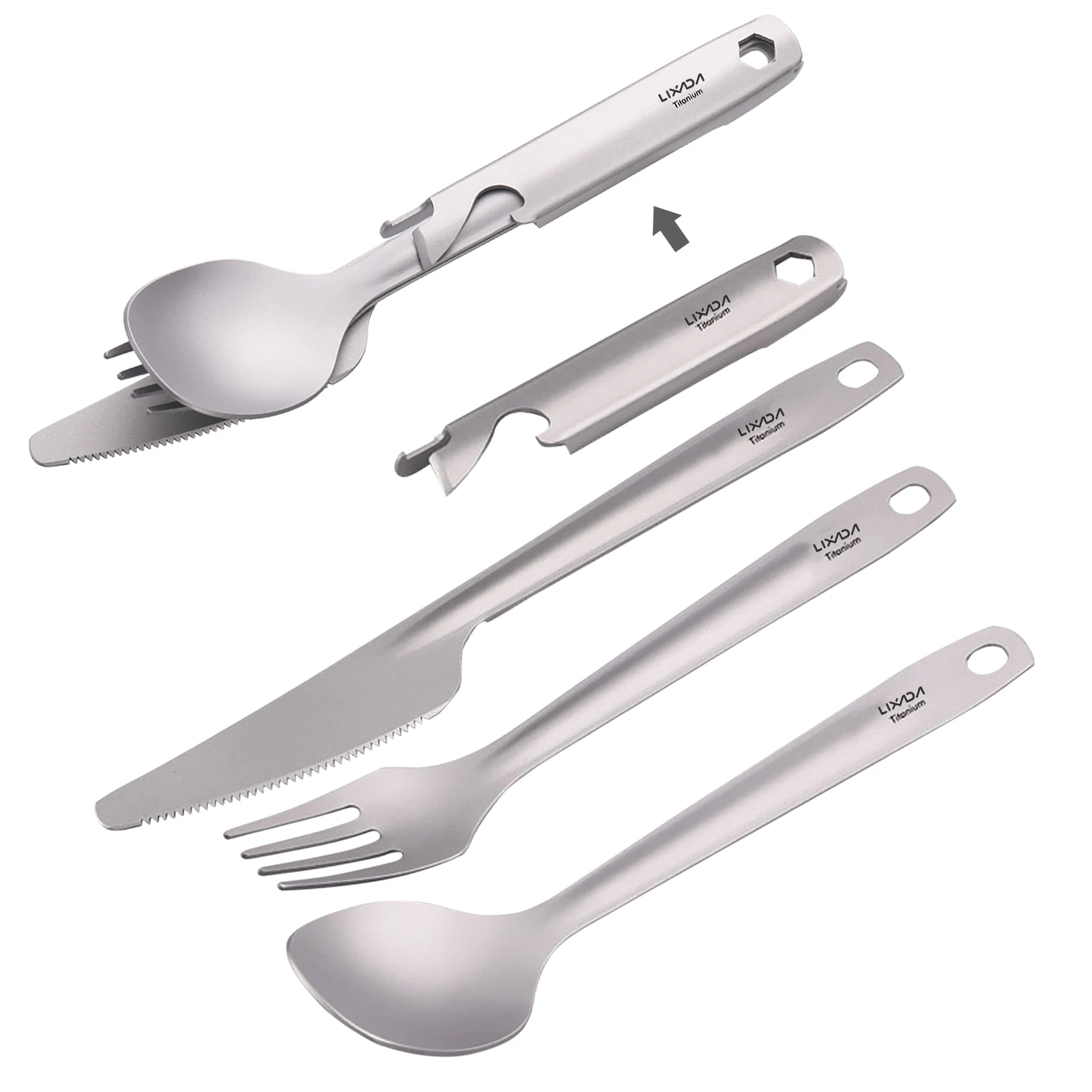 

Lixada 4-in-1 Titanium Flatware Cutlery Set Lightweight Dinner Spoon Fork Cutter with Storage Holder Bottle Opener for Camping