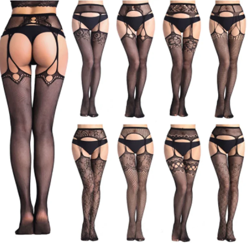 

Women's Sexy Black Pantyhose Garter Belt Sexy Lingerie Fashion Lace Tights Mesh Flower High Tube Over The Knee Stockings Fishnet