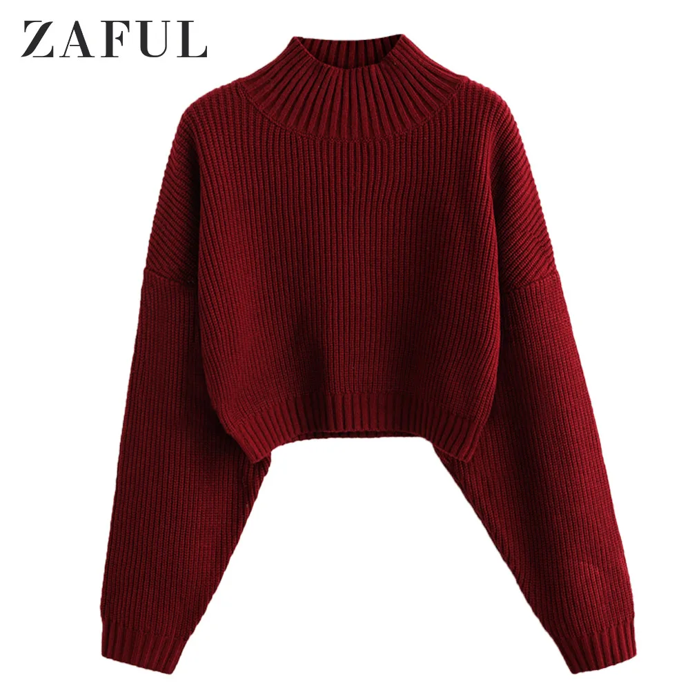 ZAFUL Winter Mock Neck Drop Shoulder High Plain Pullover Sweater For Women Solid Color Casual Ladies Tops Hot Sell 2019 | Женская одежда