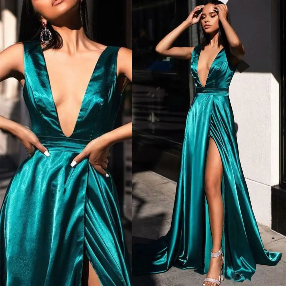 

2021 Sexy Hunter Green Satin Prom Dresses V Neck High Slit Evening Gowns Backless Sweep Train Robes De SoirÃ©e