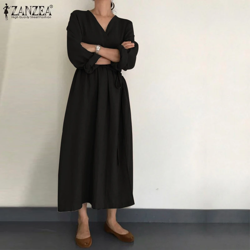 Женское льняное платье-макси Kaftan, летнее Повседневное платье с рукавами-фонариками и v-образным вырезом, цельное платье с поясом Женское льняное платье-макси Kaftan, летнее Повседневное платье с рукавами-фонариками и v-образным вырезом, цельное платье с поясом