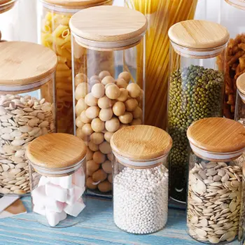 

Food Container Bamboo Lid High Borosilicate Food Sealed Glass Jar Kitchen Grain Sealed Fresh-keeping Box Storage Jar