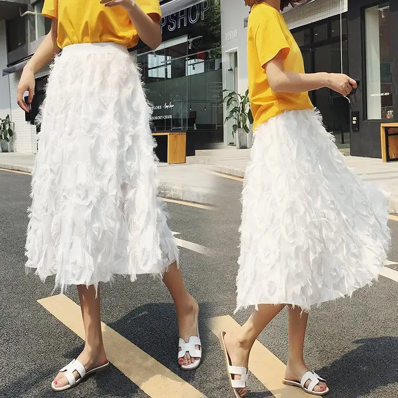 Женская Весенняя пышная Тюлевая юбка с кисточками, Женская плиссированная юбка с эластичной талией, элегантная Однотонная юбка трапециевидной формы