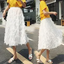 Женская Весенняя пышная Тюлевая юбка с кисточками, Женская плиссированная юбка с эластичной талией, элегантная Однотонная юбка трапециевидной формы