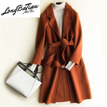 

High Quality Autumn Winter Office Elegant Women Double sided Coat Belt Long Overcoat Female Solid Slim Blends Wool Jacket