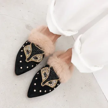 

Womens Suede Leather Real Rabbit fur Crystal Rivets Rhinestones Fox Decor Backless Slipper Mule Slide Princetown Shoes 2Colors