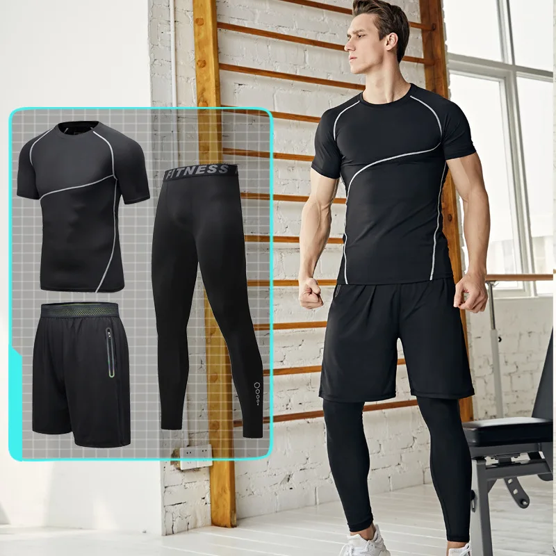 

Fitness Suit Set Three-piece Set Short Sleeve Wicking Tights Training Suit Basketball Clothes Sports Jogging Suits Gym Men's