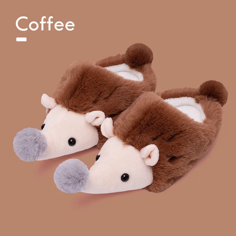 coffee Меховая плюшевая обувь с рисунком ежика для мальчиков и девочек Детские домашние зимние теплые бархатные Тапочки детские Нескользящие мягкие шлепанцы - Цвет: coffee