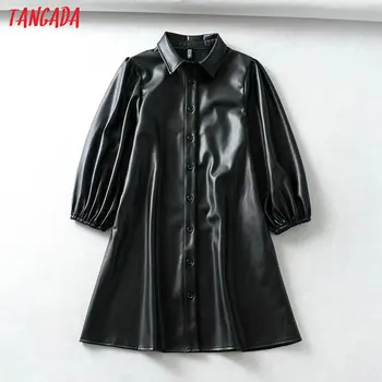 

Tangada women black PU faux leather dress three quarter sleeve retro elegant ladies shirt dress vestido 1Y05