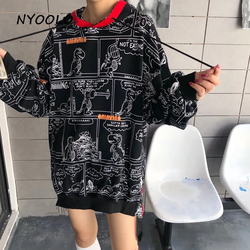 NYOOLO Harajuku стиль мультфильм Динозавр письмо печати толстовки осень уличная одежда с длинным рукавом пуловеры толстовка с капюшоном для женщин Топ