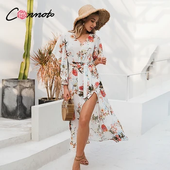 

Conmoto bohemian long wrap long dresses women bow ruffles dress femme robe slit plus size feminino sexy maxi dresses vestidos