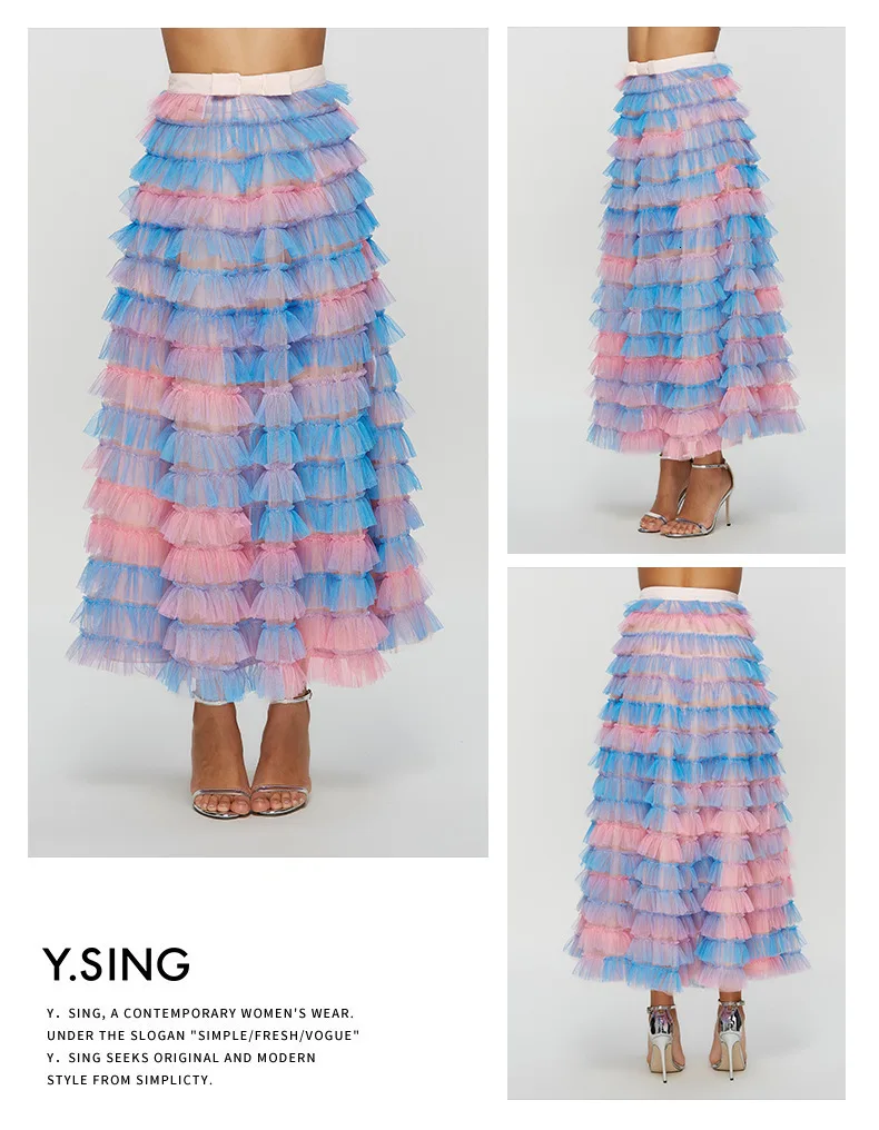 Весна-лето, юбка контрастного цвета, Женская многослойная юбка-пачка средней длины с бантом и многослойной сеткой, модная новинка E332