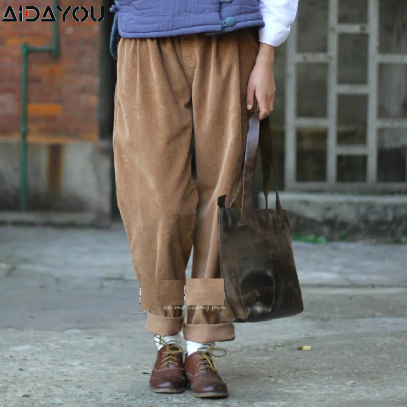 

Женские брюки с широкими штанинами Винтаж Повседневное плотные теплые джинсы с эластичной резинкой на талии свободные хлопковые брюки со складками OUC2426a