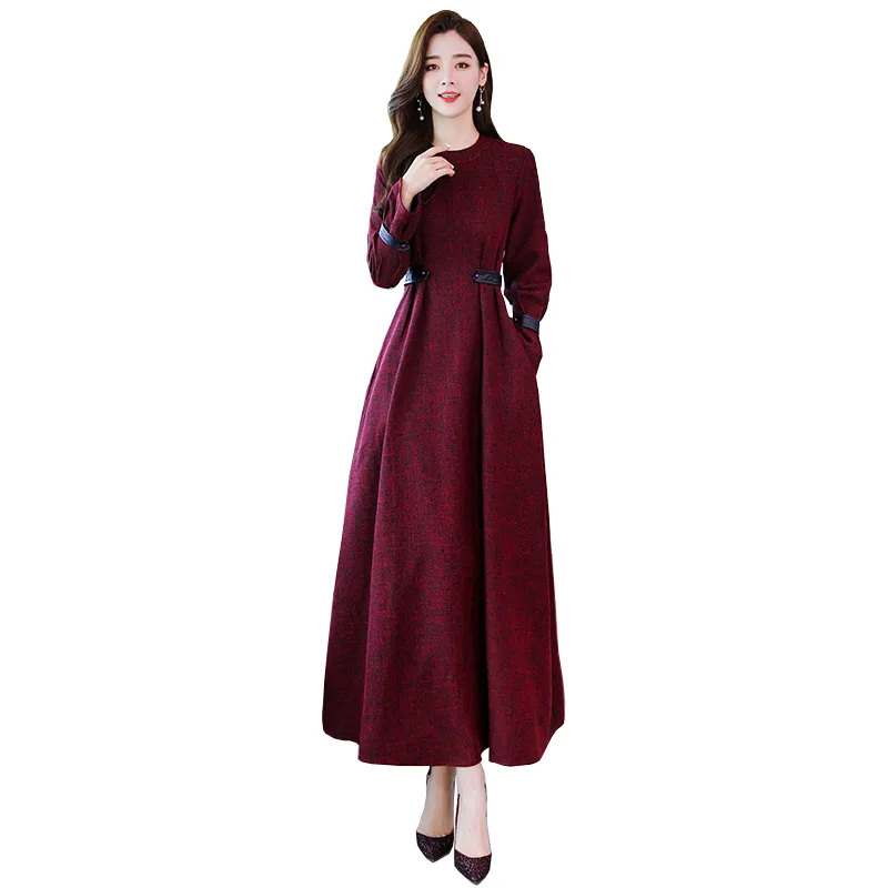 

Waist Hugging Mid-length Slimming Elegant 2019 Autumn Versatile Solid Color Pullover Long-sleeved Dress