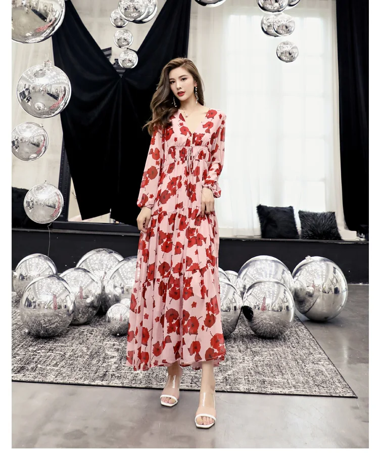 Delocah Women Autumn Dress Runway Fashion Sexy Deep V-neck Floral Print Back Zipper High Waist Elegant Casual Holiday Long Dress