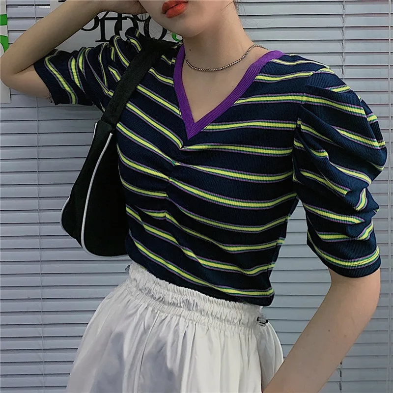 

Contrast Puff Sleeve Vintage Women Sweater Tops Pullovers 2020 Summer New Sweet Naughty Girls T-shirt Strip V-neck Sexy Clothing
