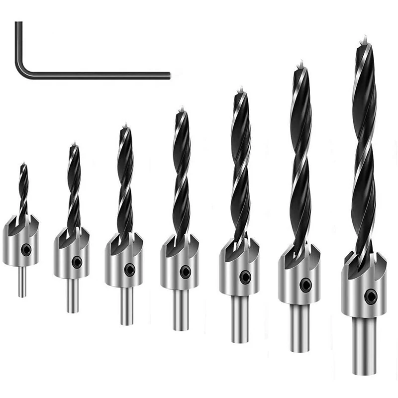 7pcs 3-10mm Round Shank HSS Countersink Drill Bit Carpentry Reamer Woodworking Boring Chamfer End Milling Hole Woodworking Tools