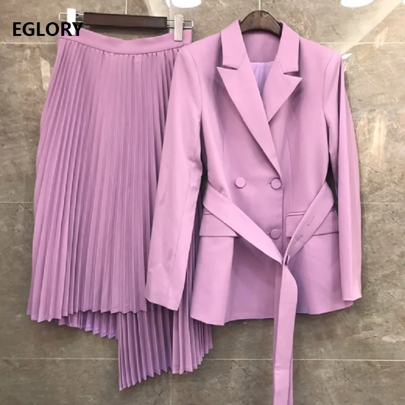 Высококачественные Дизайнерские комплекты одежды осенний пиджак костюм женский красный фиолетовый пиджак пальто+ плиссированная Асимметричная юбка наборы Женский - Цвет: purple