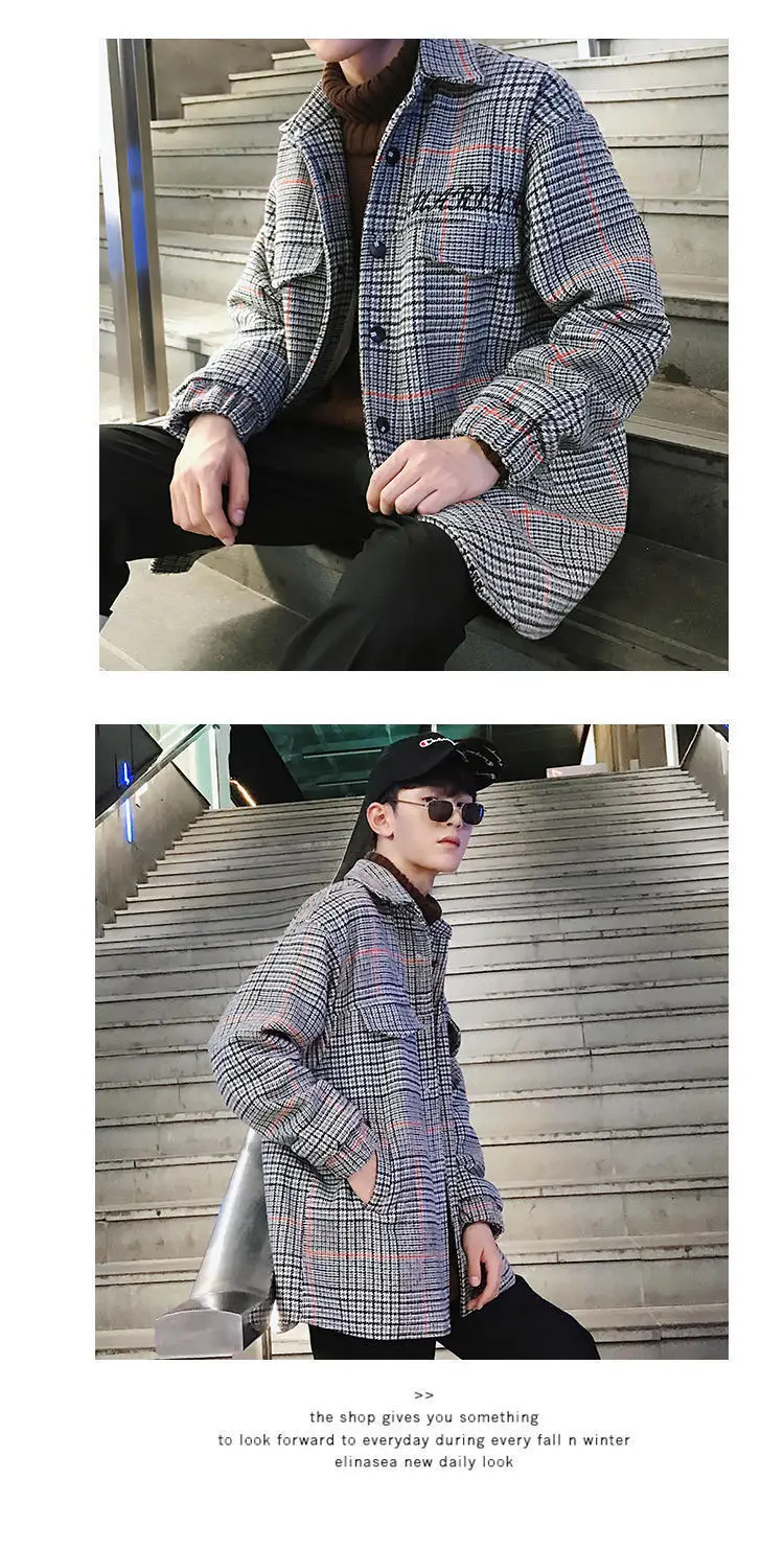 Autumn New Korean Plaid Wool Solid Color Lapel Men's Long Sleeve Pocket Harajuku Street Casual Shirt